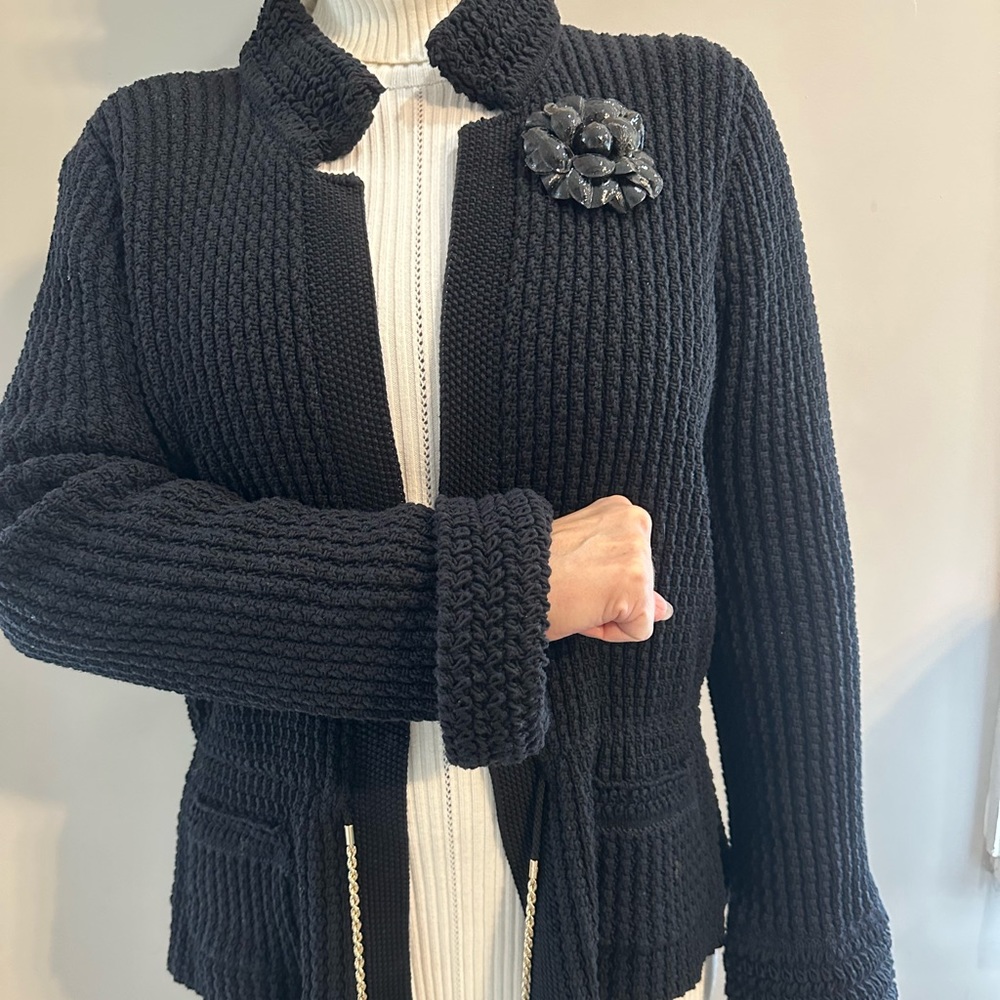 Chanel black sweater knit jacket w chain